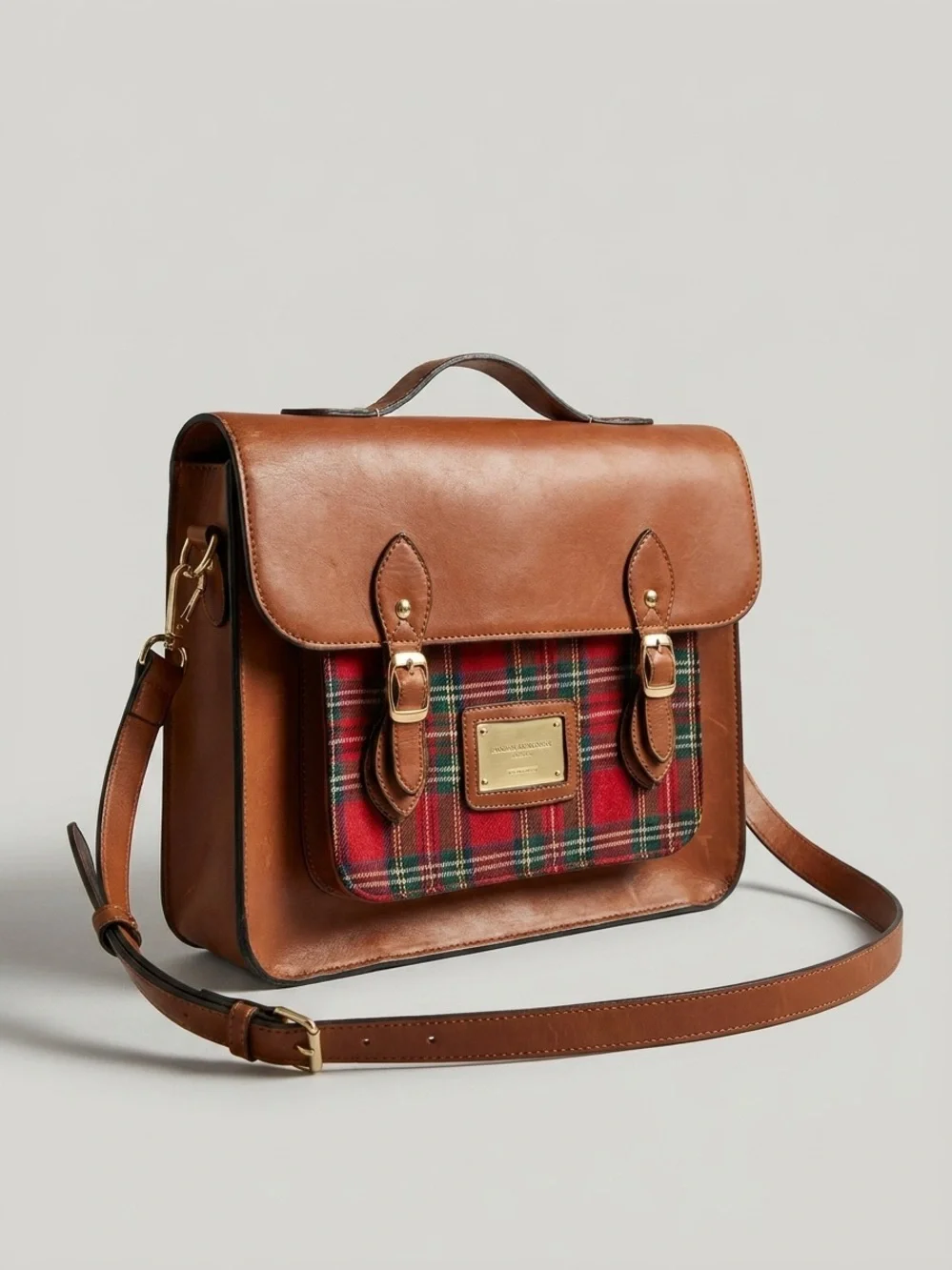 Archival Tan Leather Satchel with‎ Red Tartan Front Pocket